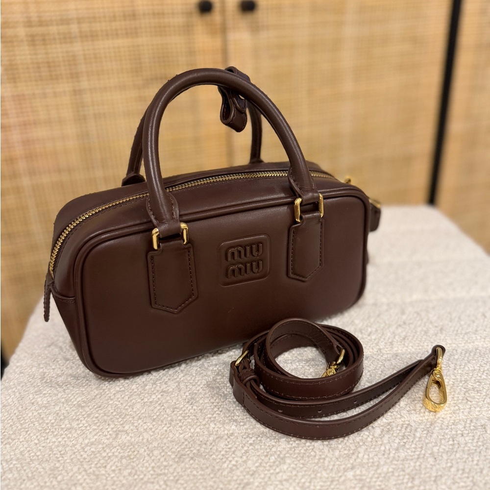 Miu Miu Chocolate Brown Leather Messenger Bag with Gold Hardware